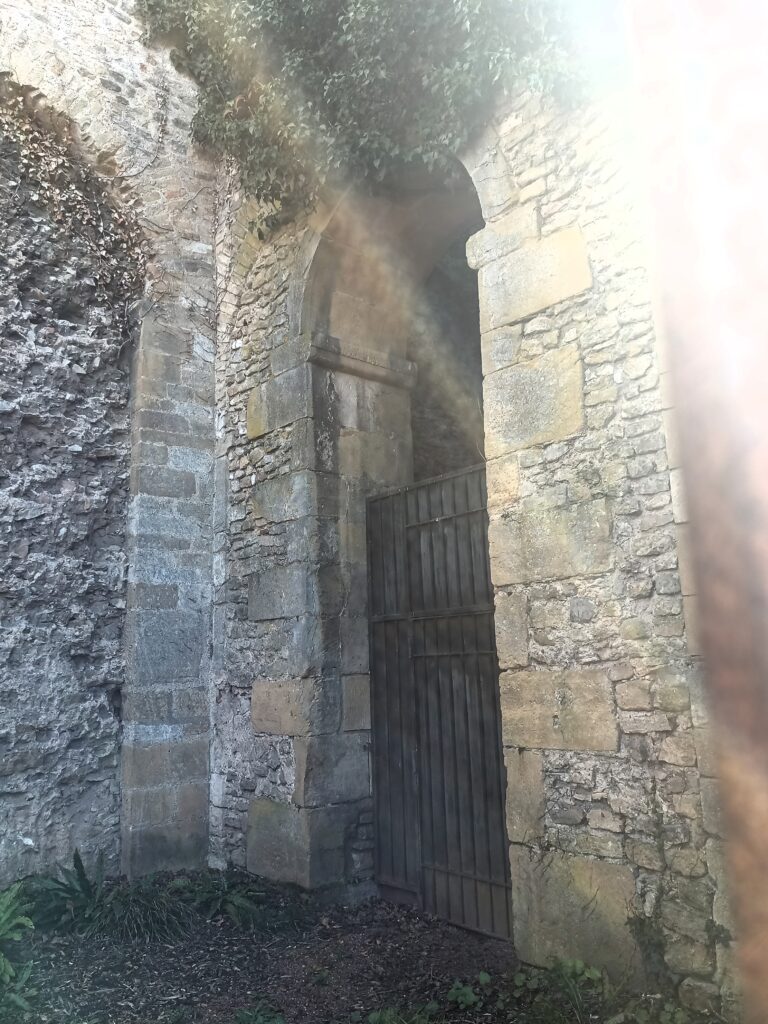 Verschlossener Seiteneingang mit massivem Holztor und altem Steinmauerwerk bei der Saint-Pierre-aux-Nonnains in Metz.