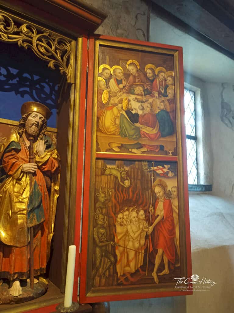 Rechter Flügel des Gnadenstuhlaltars der Kirche St. Michael in Alken mit dem Letzten Abendmahl und dem Hinabstieg Christi in das Reich der Toten.