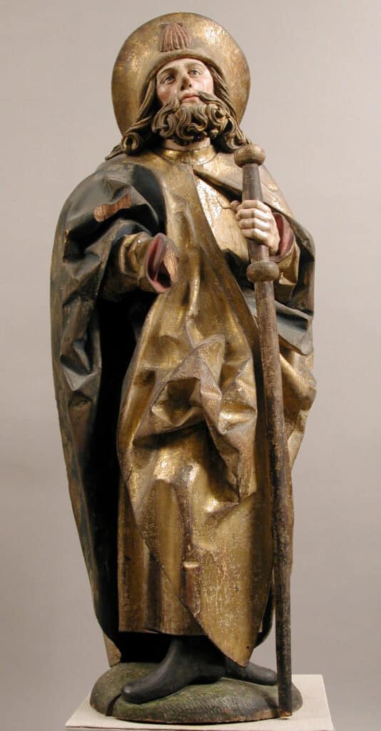 Heiliger Jakobus der Größere als Pilger mit Muschel und Pilgerstab, Skulptur aus dem späten 15. Jahrhundert