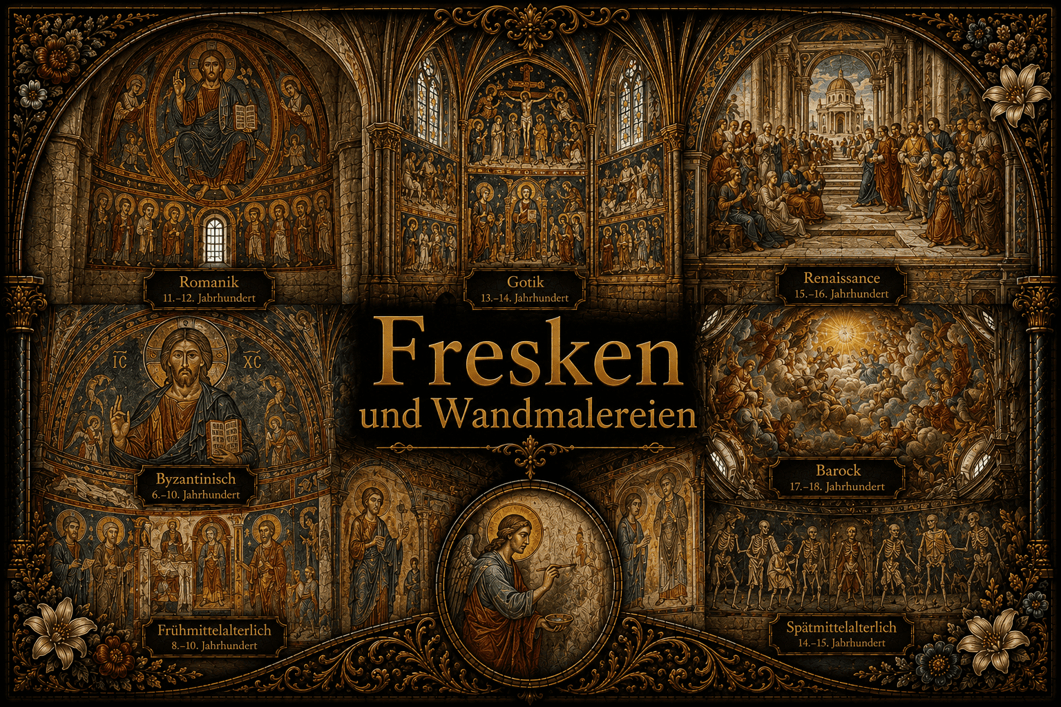 Fresken & Wandmalereien 1 Atmosphärische künstlerische Darstellung historischer Wandmalereien in einem sakralen Innenraum – Titelbild der Sammlung Fresken und Wandmalereien