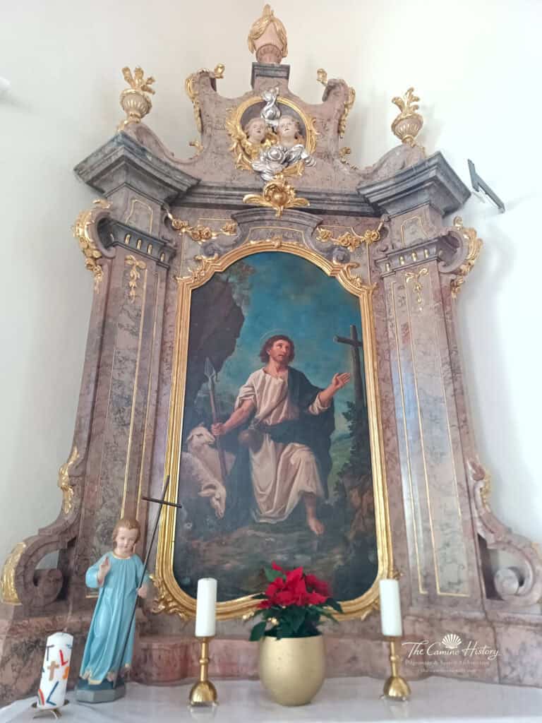 Altargemälde des heiligen Wendelin mit Hirtenstab, Tasche und Schafen in St. Bartholomäus Fischbach bei Dahn