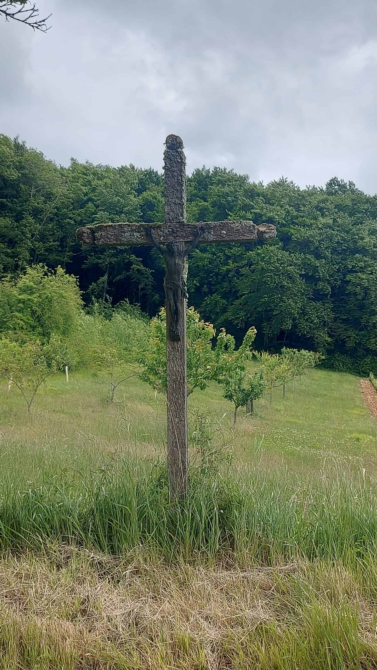 Hölzernes Wegkreuz in einer Wiesenlandschaft