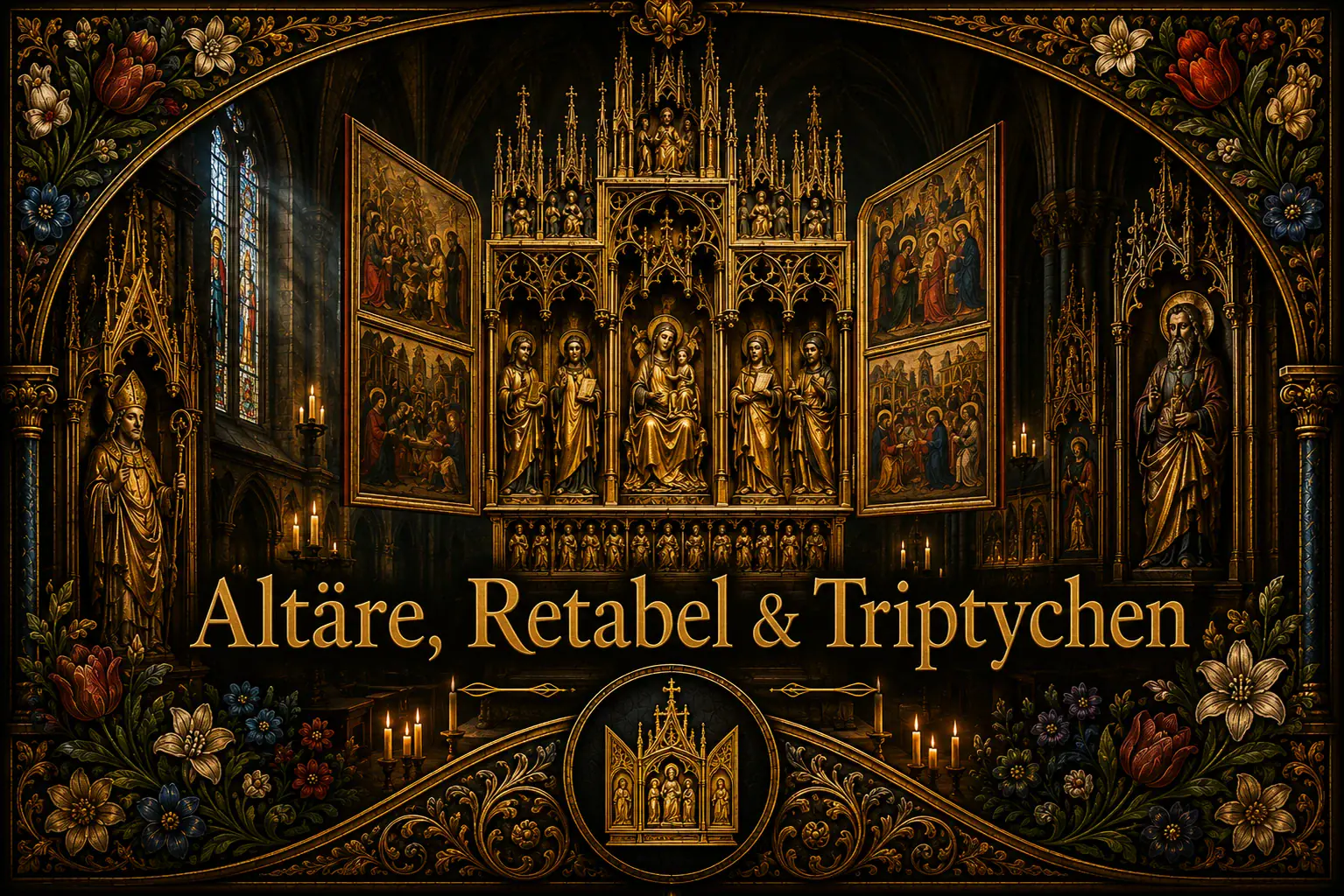 Goldgerahmtes Titelbild der Sammlung Altäre, Retabel und Triptychen mit gotischem Flügelaltar und floralen Ornamenten