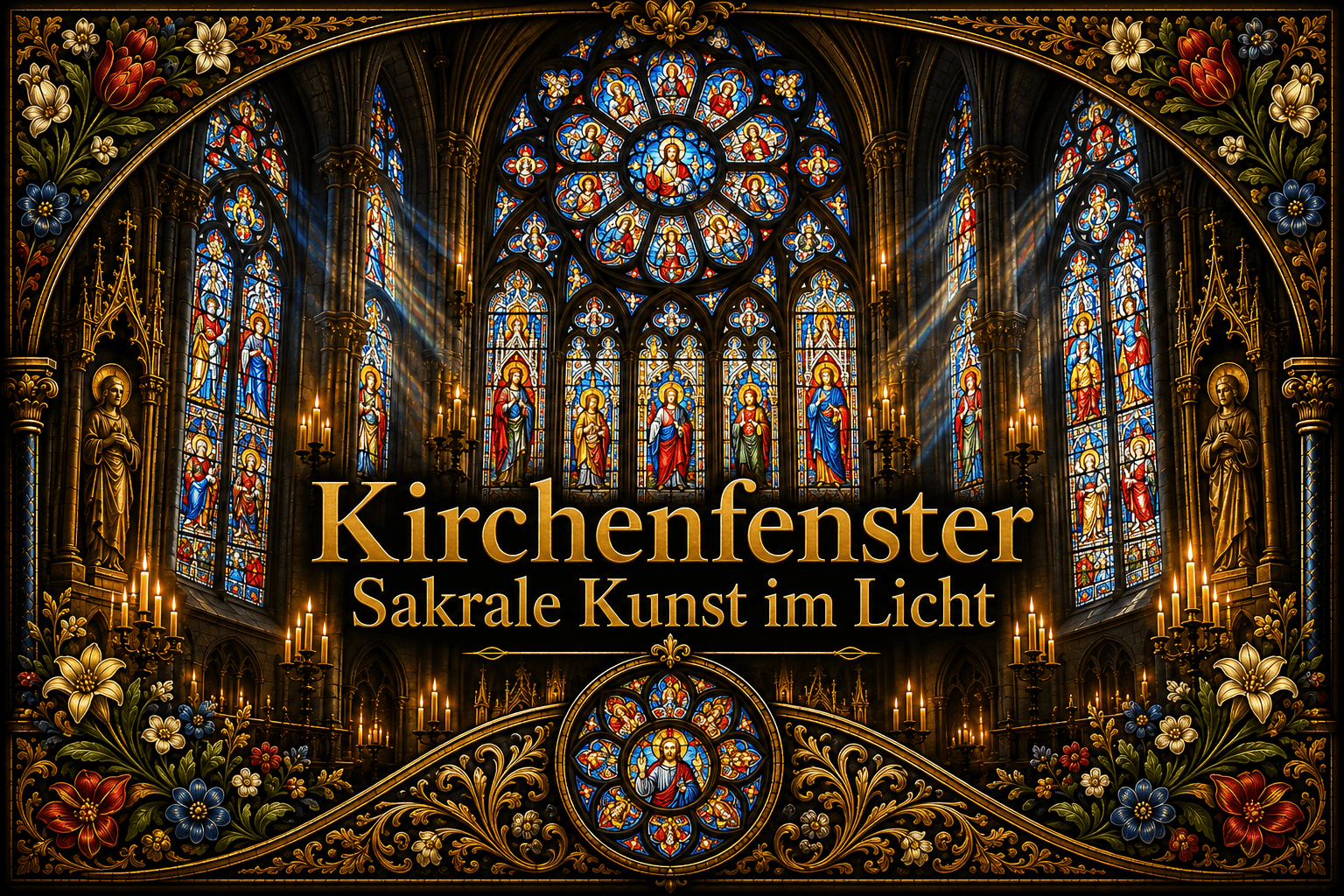 Künstlerisches Titelbild der Kirchenfenster-Sammlung: farbige gotische Glasfenster, Rosenfenster und goldene Blütenornamente