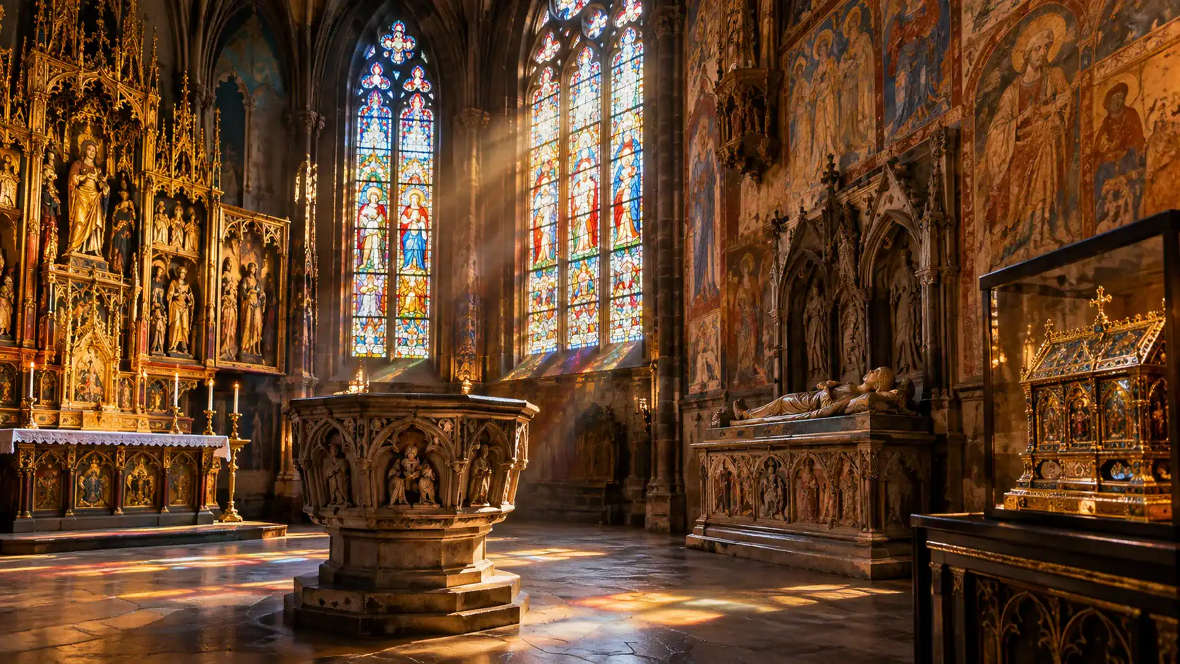 Künstlerische Darstellung sakraler Kunst in einem gotischen Kirchenraum mit Glasmalereien, Altar, Taufstein, Grabdenkmal, Wandmalereien und Reliquiar